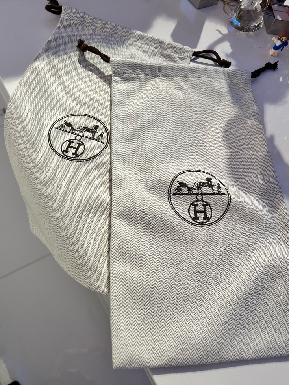 New Hermes White Cream Drawstring Dust Bags with Black Logo